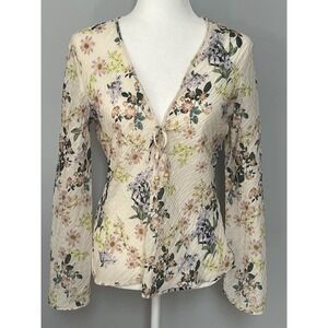 Zara Women's Floral Cream Structured Printed V-neck Blouse Size M Front Tie NWOT